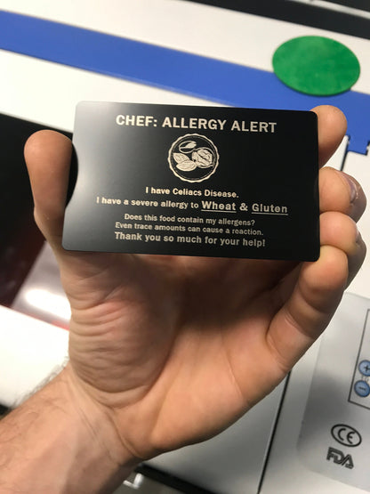 Personalized Metal Allergy Card Engraving, Custom Chef Alert Laser Engraved Anodized Aluminum Medical Peanut Shellfish Allergen GiftCards