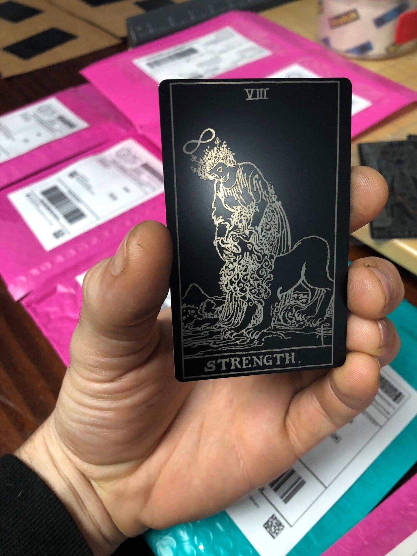 Strength Tarot Card - Black Silver Laser Engraved Aluminum Gift for Esoteric Spiritual Readers