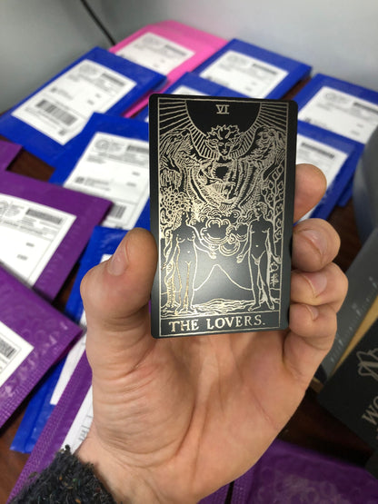 The Lovers Metal Tarot Giftcard Laser Engraving Matte Black/Silver Anodized Aluminum Giftcards Esoteric Celestial Spiritual Reader Gifts