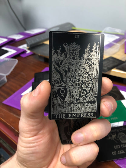 Empress Tarot Card, Laser Engraved Matte Black, Silver Aluminum, Spiritual Gift