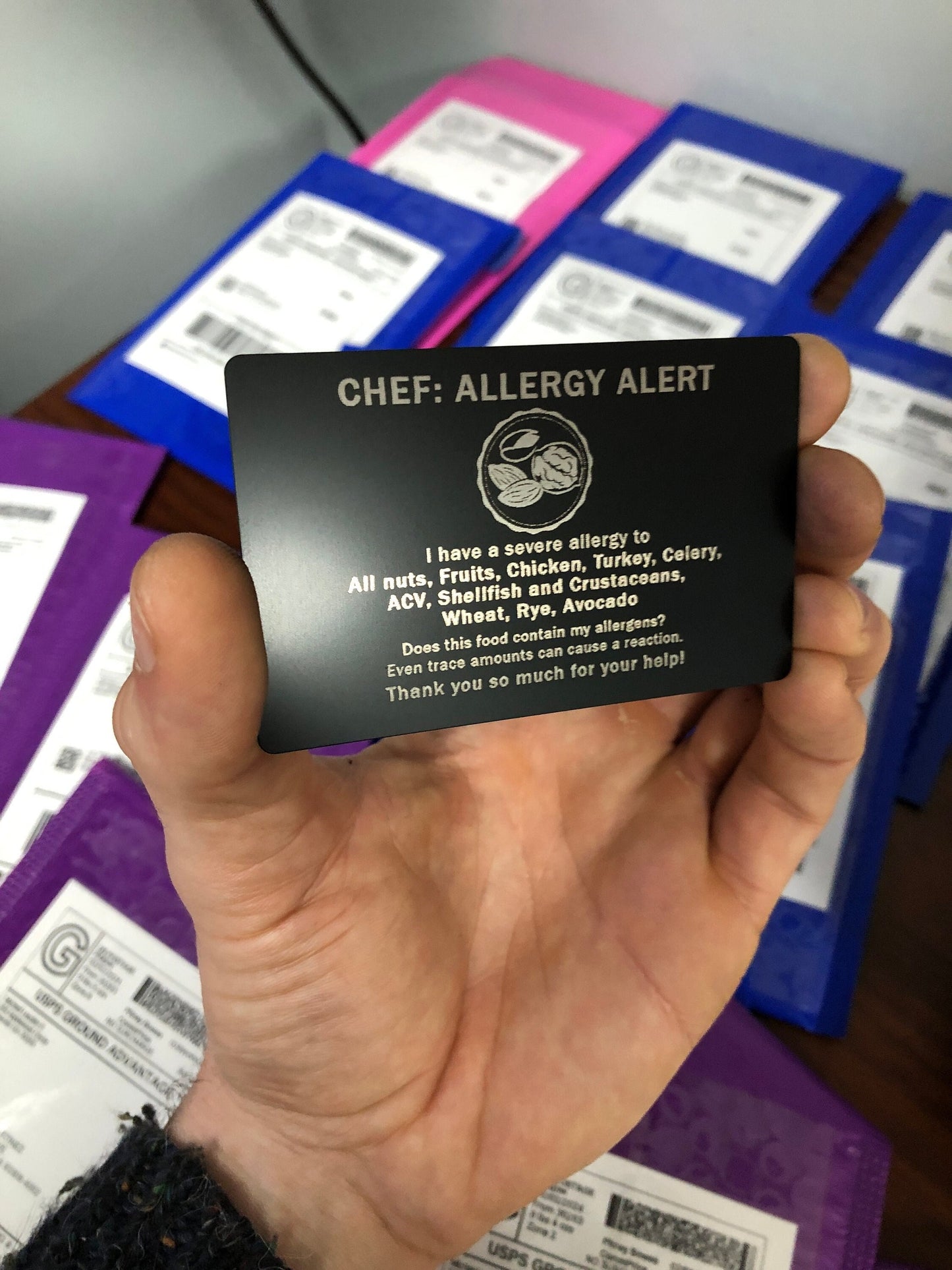 Personalized Metal Allergy Card Engraving, Custom Chef Alert Laser Engraved Anodized Aluminum Medical Peanut Shellfish Allergen GiftCards