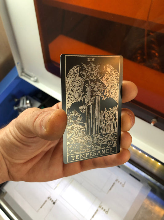 Metal Tarot Gift Card, Temperence Laser Engraving Matte Black/Silver Anodized Aluminum Giftcards Esoteric Surreal Psychedelic Goth Gifts