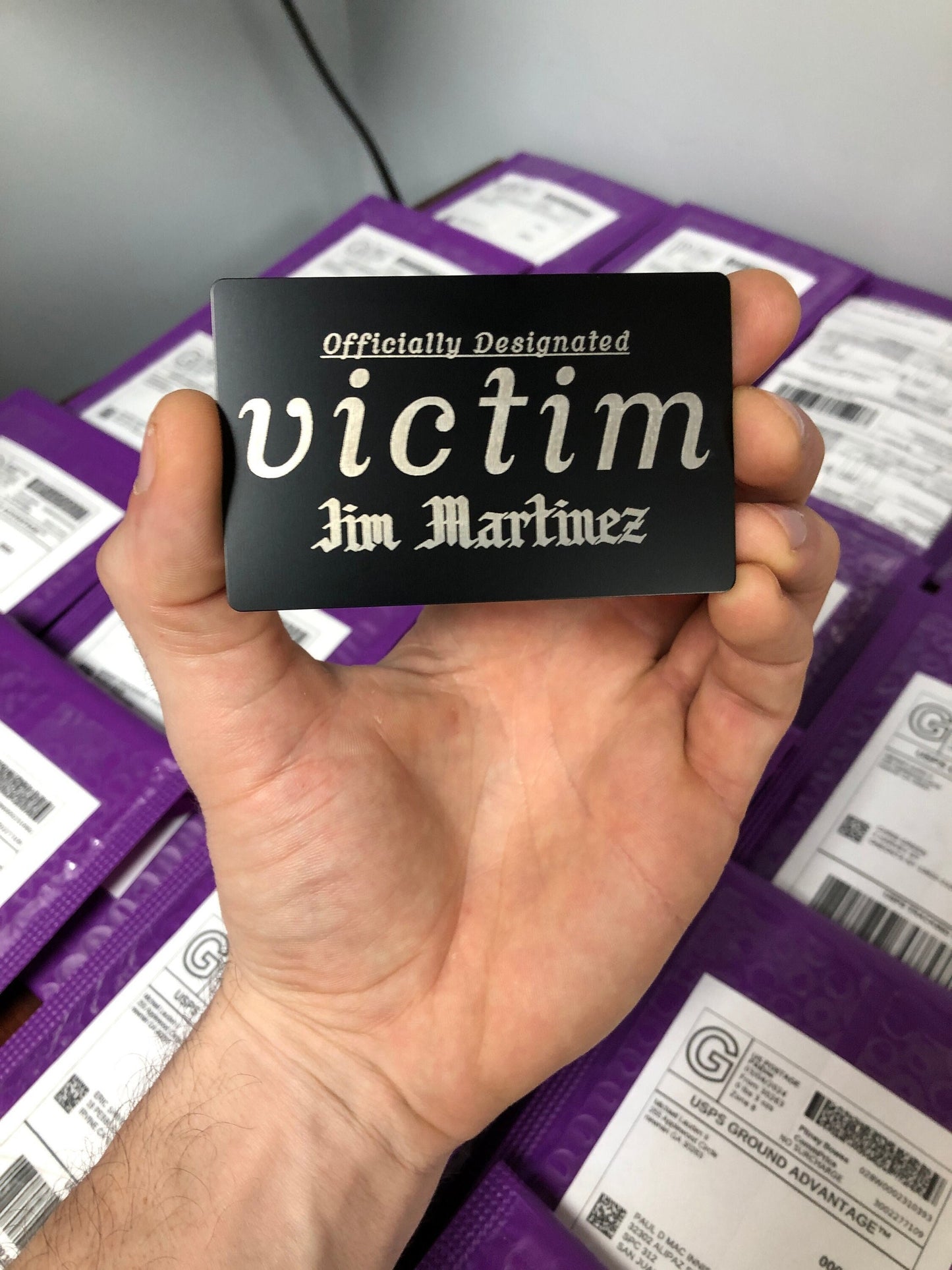 Custom Laser Engraved Metal Victim Card - Funny Gag Gift for Humor Enthusiasts