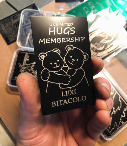 Hugs Membership Custom Metal Engraved Gag Gift Card - Anodized Aluminum Keepsake