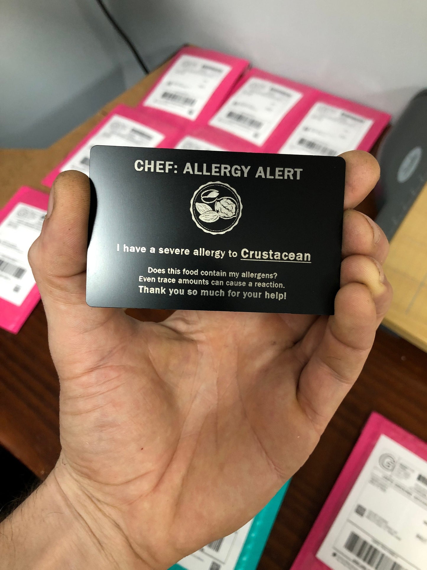 Personalized Metal Allergy Card Engraving, Custom Chef Alert Laser Engraved Anodized Aluminum Medical Peanut Shellfish Allergen GiftCards