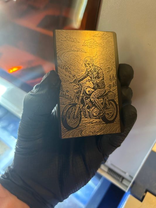 Personalized Laser Engraved Metal Art: Skull Motorcycle Rider Gift Card