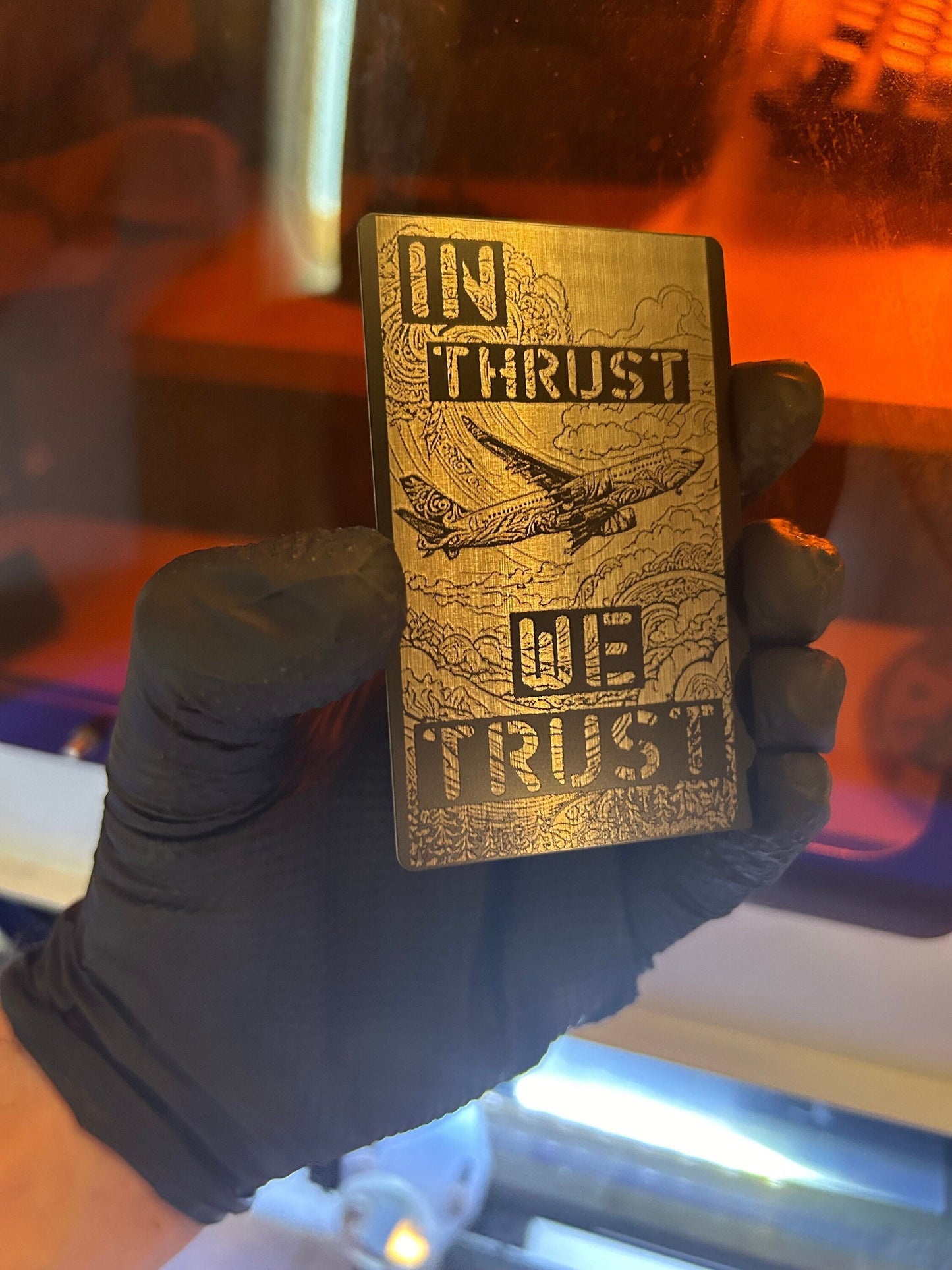 In Thrust We Trust Pilot Laser Engraved Gift Card, Aluminum Aviation Artwork