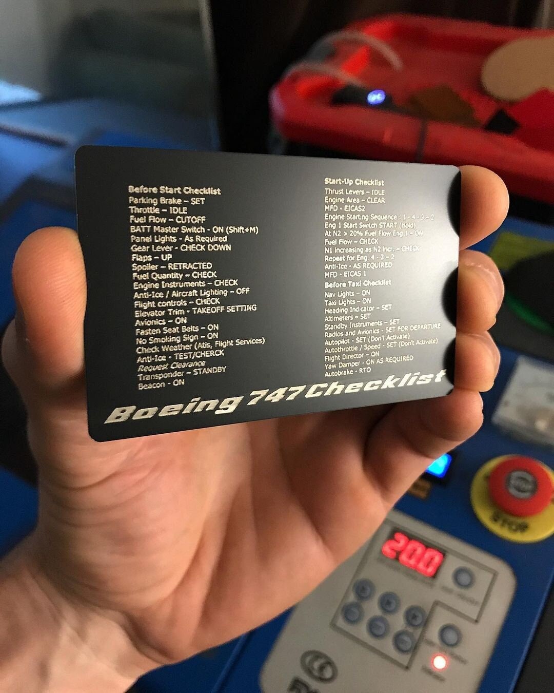 Metal Pilot Gift: B747 Startup Procedure Checklist, Laser Engraved Anodized Aluminum Giftcard Aviation Realistic Flight Simulation Reference