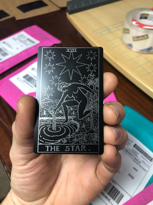 Star Metal Tarot Gift Card Laser Engraved Matte Black Silver Esoteric Spiritual Reader