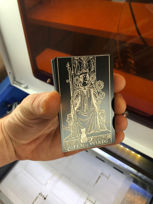 Queen of Wands Engraved Metal Tarot Card for Psychic Readers and Spiritual Gifts