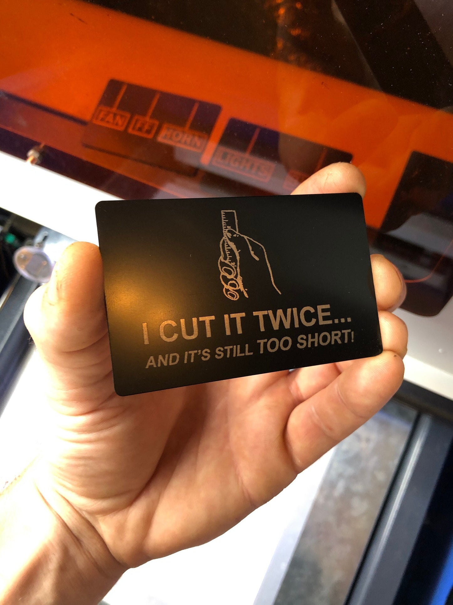 I Cut It Twice... And It's Still Too Short! Metal Gift Card | Construction Carpentry Wood Working Shop Gag Gifts, Apprentice Measurement LOL