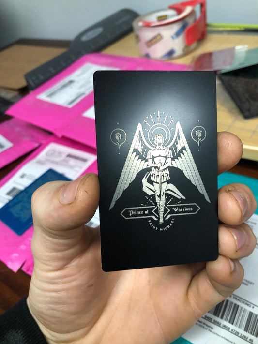 St. Michael Prince of Warriors Card Metal Keepsake, Laser Engraved Anodized Aluminum Saint Michael's Giftcard