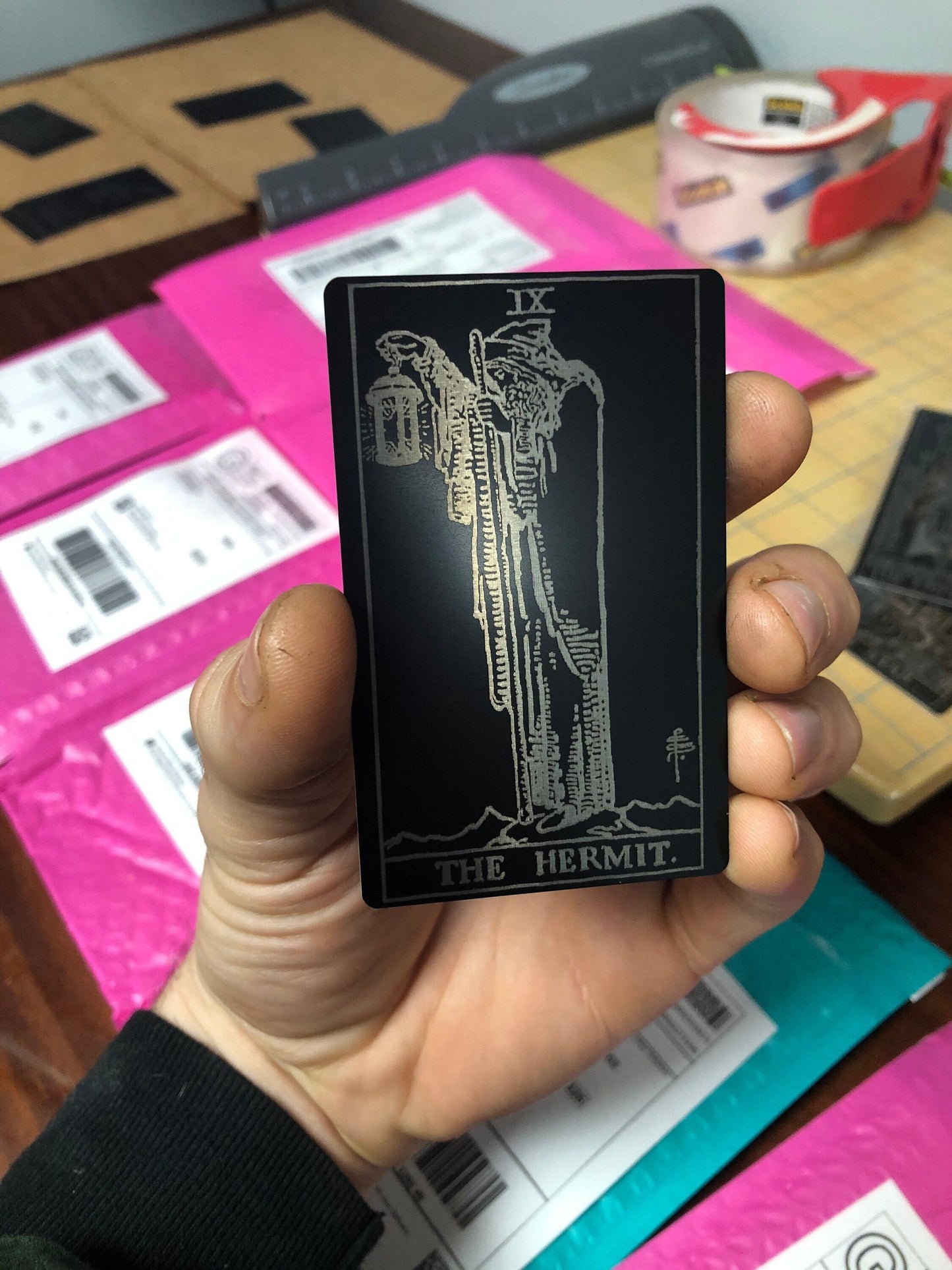 The Hermit Matte Black Silver Tarot Card Esoteric Celestial Laser Engraved Gift