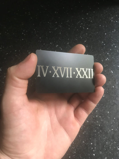 metal keepakes roman numeral example photo laser engraved custom metal business cards