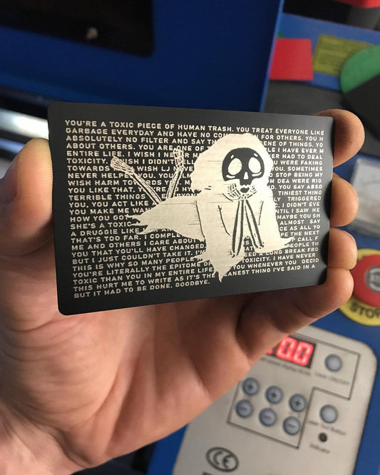 Toxic Grim - Surreal Artwork Metal Card Engraving Design, Online Toxicity Comment with Grim Reaper Chillin' Laser Engraved Gift