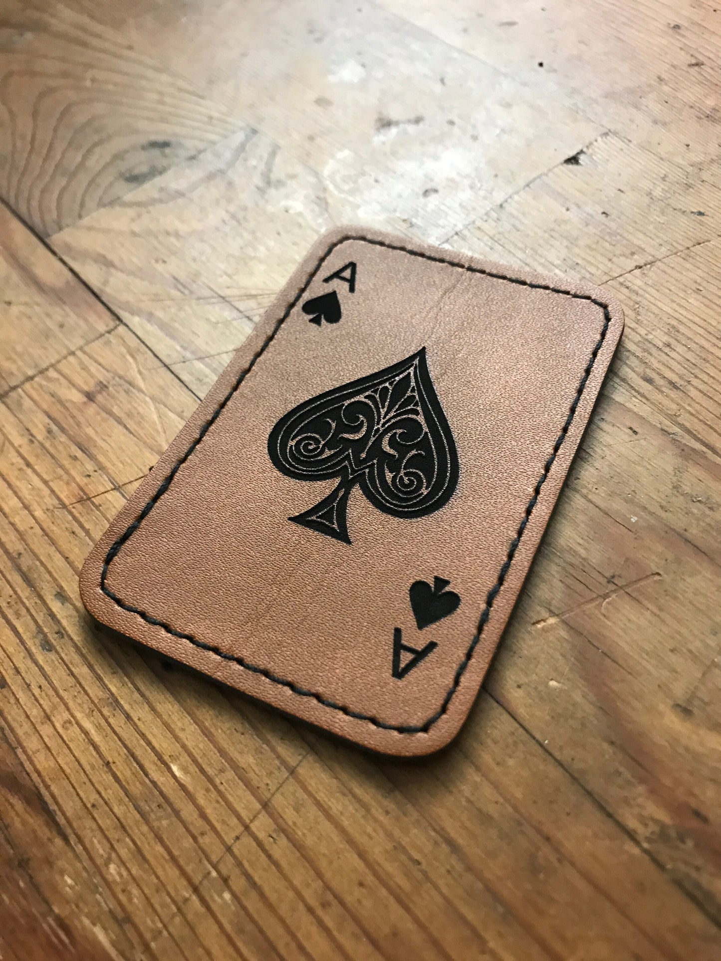 Ace of Spades Leather Engraved Patch, 3x2" Rectangle Aces Brown Burning Engraving, Leatherwork Custom Gaming Gifts