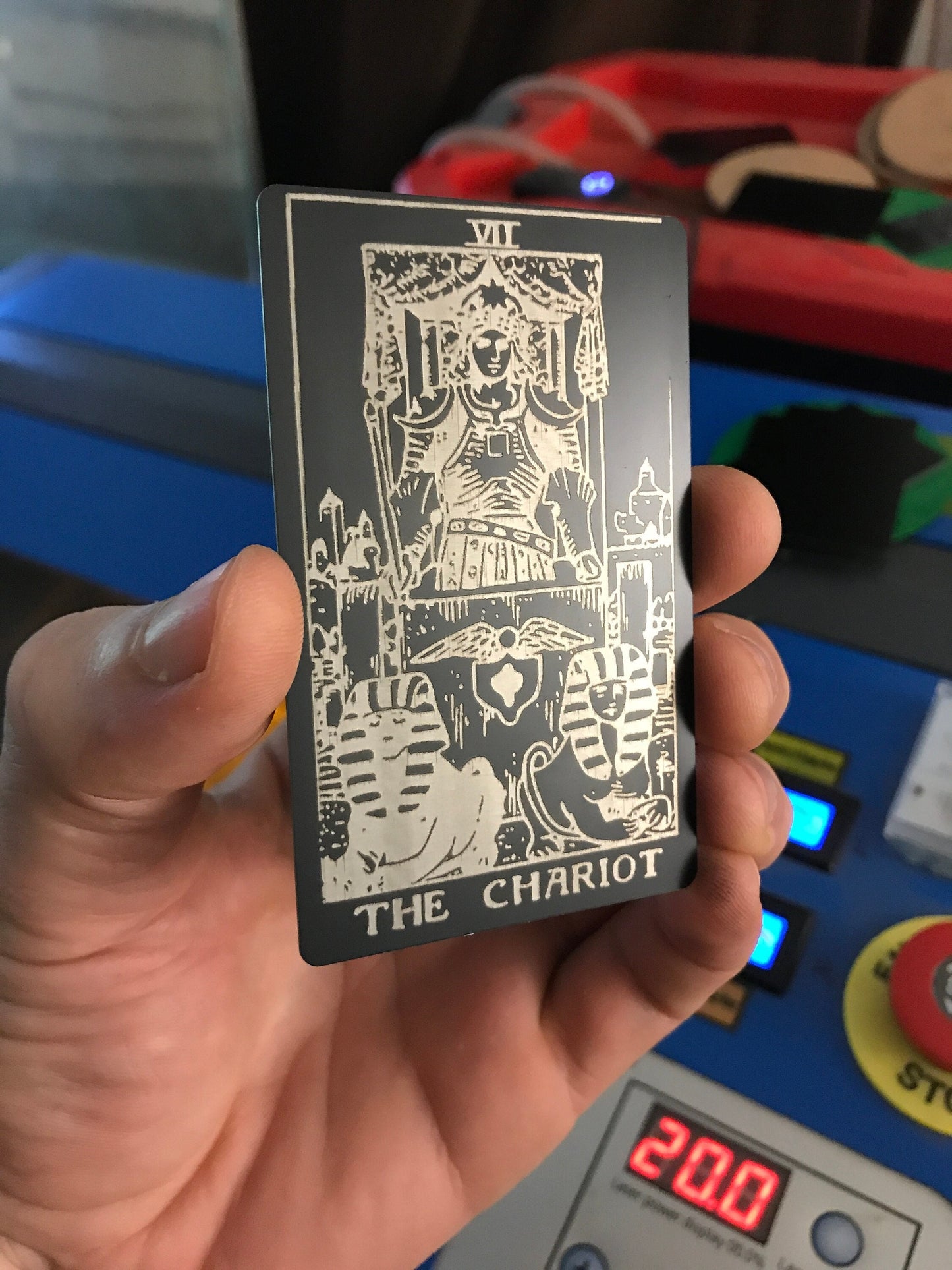 metal gift card tarot card example with the chariot laser engraved on anodized aluminum by CustomMetalBusinessCards.com