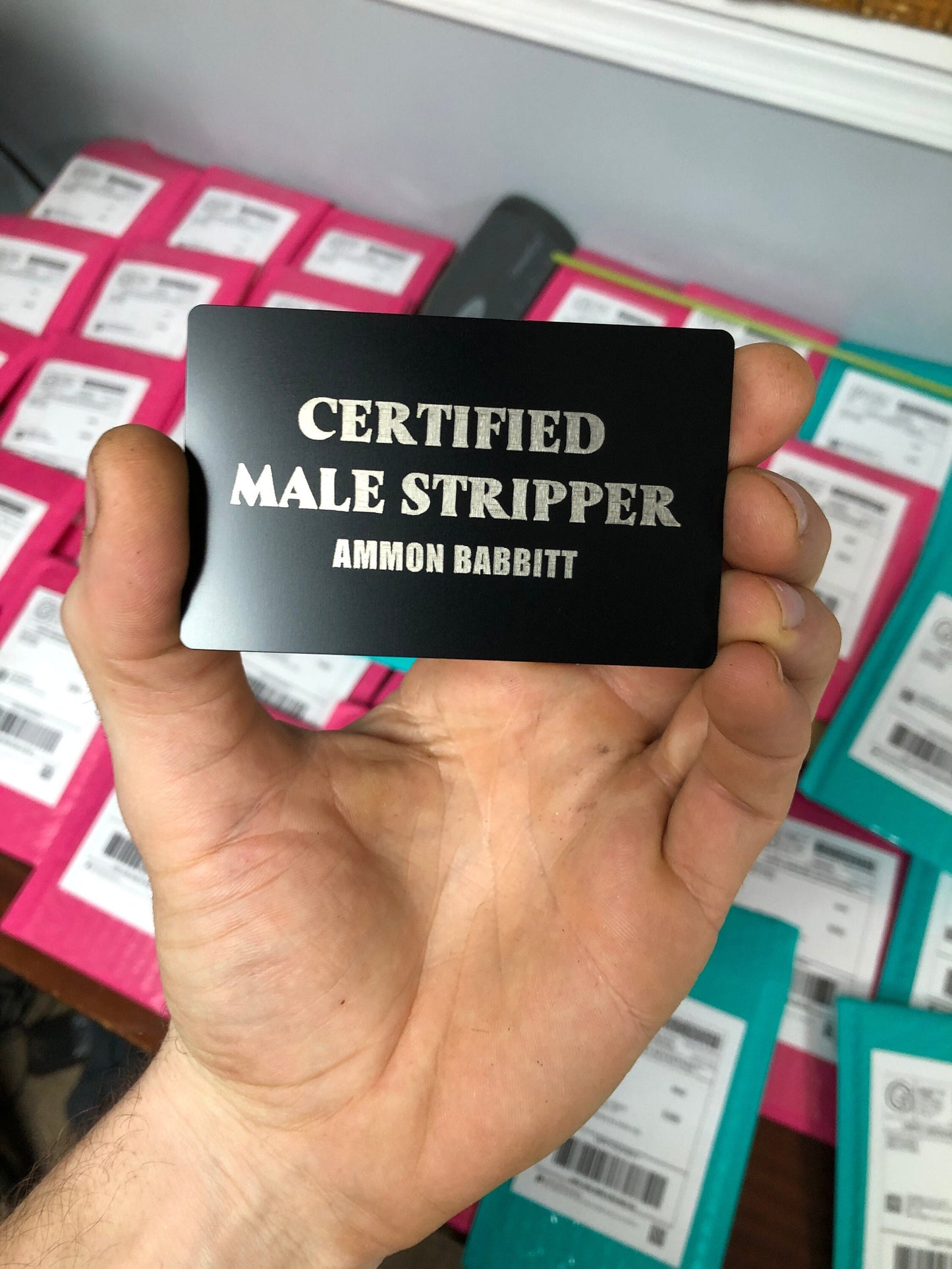 Metal Gift Card that says Certified Male Stripper, with personalized name added below for Custom Metal Business Cards