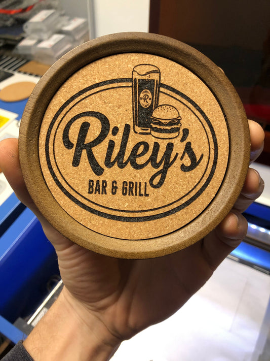Custom Engraved Coasters, Personalized 5" Wood/Cork Drink Coasters Any Artwork, Logo or Text! Personalized Laser Engraving Service Branding